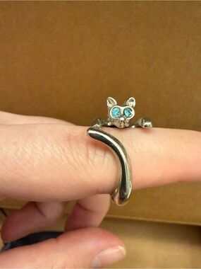 Silver Cat Wrap Ring with Blue Crystal Eyes - Pet Cat Jewelry